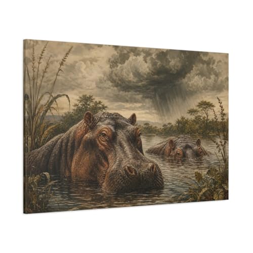 Tableau hippopotames vintage grand format 120x80cm déco murale salon