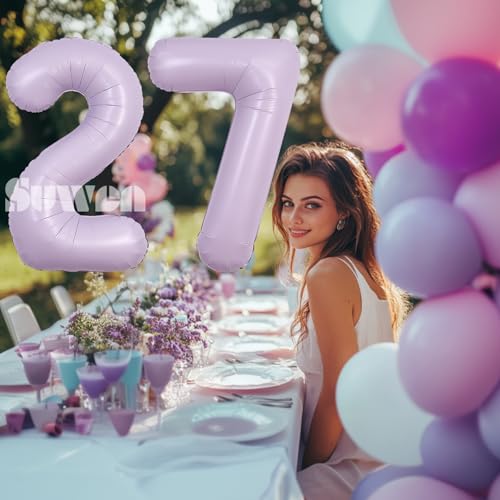 Image of SUWEN 40 Inch Light Purple Lavender Big 27 Balloon Number Foil Helium 0-9 | 27th Large Giant Huge Mylar Jumbo Happy Birthday Party 72 Anniversary Decorations
