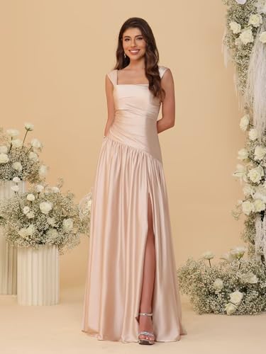 Dessiny Women's Suqare Neck Satin Bridesmaid Dresses with Slit Asymmetrical Drop Waist Formal Evening Dress DE5114