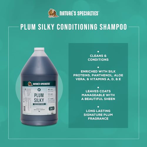 Image of Nature's Specialties Plum Silky Ultra Concentrated Dog Shampoo Conditioner, Makes up to 24 Gallons, Natural Choice for Professional Pet Groomers, Silk Proteins, Made in USA, 1 gal