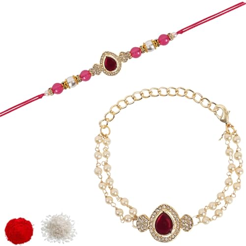 Image of I Jewels Designer Kundan Pearl Bhaiya Rakhi With Roli Chawal for Brother /Bro /Men with Rakshabandhan Card