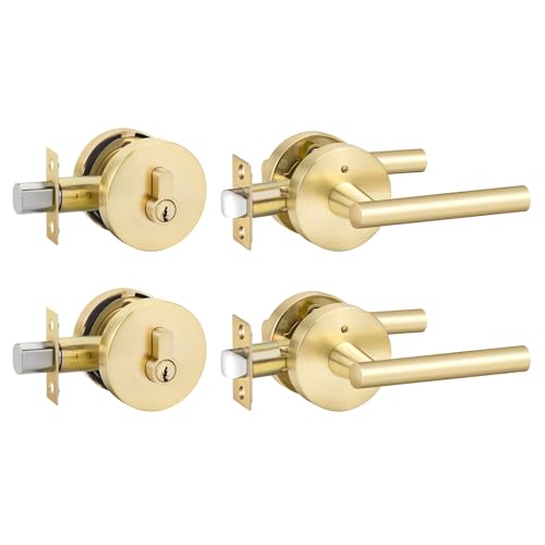 Image of Goldenwarm 2 Pack Exterior Gold Door Handle with Deadbolt, Single Cylinder Deadbolt and Entry Door Handle Set,Brushed Gold Front Door Lock Set