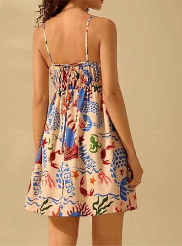 Image of NUFIWI Women Boho Graffiti Cami Mini Dress Spaghetti Strap Printed A Line Short Dress Backless Cut Out Colorful Sundress