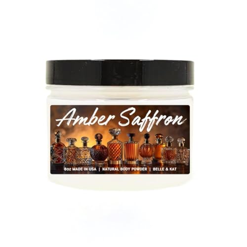 Body Powder for Men & Women Scented Amber Saffron, Bath Perfume Dusting Powder with Fragrance & Essential Oils, Talc Free 8oz Container, Made in USA