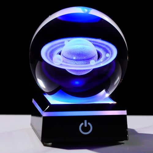 Image of Arikyrist 3D Saturn Crystal Ball Figurine with LED Base, Laser Engraved Glass Planet Model Sphere Gifts for Home Office Decor, Saturn Planet Model Space Universe Gifts for Astronomy Lovers (80mm)
