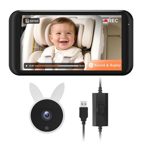 Babyvue Baby Car Camera with Video Recording & Playback HD 1080P Rear Facing Baby Car Monitor 4.5 Display with Auto Night Vision USB Plug & Play Car Seat Camera for Infants BV2MAX White