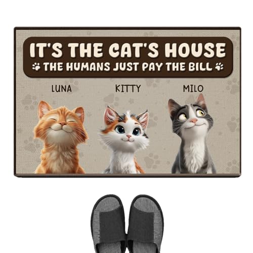 Personal Chic Personalised Door Mat - It's The Cat's House Humans Just Pay The Bill - Funny Cat Doormat, Gifts for Cat Lovers, Custom Door Mat, Personalised Rug, Welcome Mat (#3)