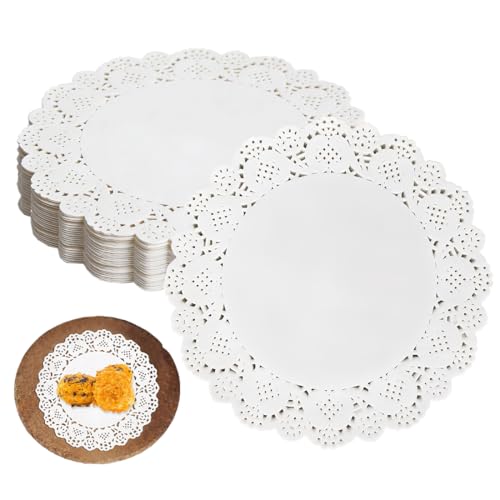 MUNZE Blondas Desechables, 150 Hojas De Papel De Encaje Redondo Blanco, Diámetro 11.5 Cm (4.5 Pulgadas), Para Bodas Cumpleaños Pasteles Postres Y Decoración De Alimentos