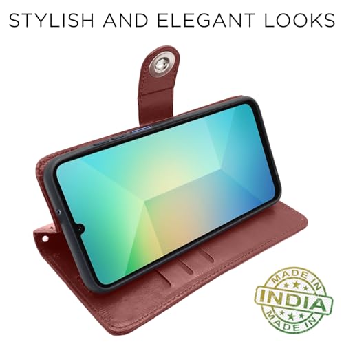 Image of Pikkme Flip Cover Leather Finish | Inside TPU with Card Pockets | Wallet Stand and Shock Proof | Complete Protection Button Flip Case for Samsung Galaxy A06 (Brown)