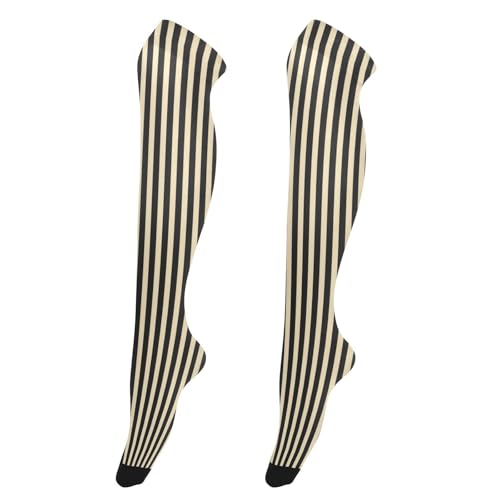 Beige Black Stripes Thigh High Socks, Women's Knee High Socks - Extra Long High Socks