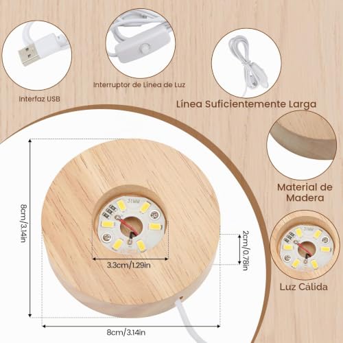 Miniatura 3 de Hapivida Base De Pantalla Led, Base De Soporte De Madera Para Cristales De Arte En Vidrio, Luz Calida, 8 Cm 3.15 Pulgadas, Base Led Para Joyería, Esculturas Y Objetos Decorativos