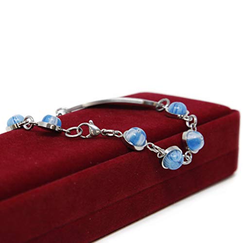 Medical Alert Bracelet For Women With Free Engraving, Blue Glass Stainless Steel Personalized Medic ID Custom Sized Chain - White - Star of Life | Made in USA - WRIST SIZE 5.75 inch - Thumbnail 7
