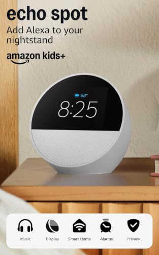Image of Amazon Echo Spot (newest model), Smart alarm clock with vibrant sound and Alexa - Glacier White + 3 Months of Amazon Kids+ (with auto-renewal)