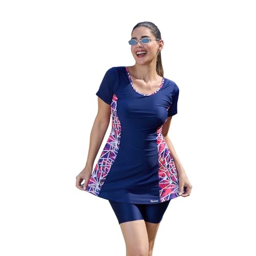 Rovars Poly Spandex Swimming Costume for Women I Removable Pads I Half Sleeves I Half Length