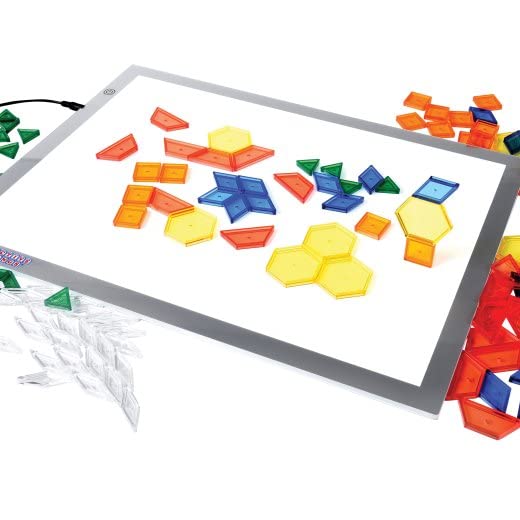 Constructive Playthings Kids LED Light Panel with Translucent Pattern Blocks Set, Interactive Light Pad and Toy Blocks for Classrooms