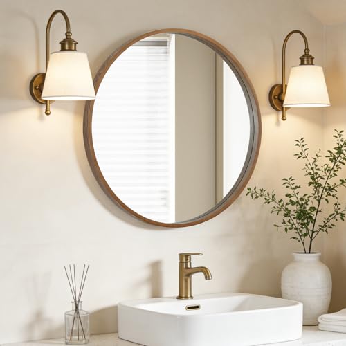 Image of WallBeyond Wood Round Mirror with Wood Frame 24 inch Circle Wall Mirror for Bathroom Round Wall Mirror for Wall Decor, Vanity, Entryway Living Room (Walnut)