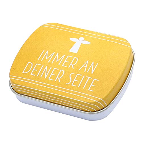 Preisvergleich Produktbild Dekohelden24 Pillendose - kleine Dose - Metalldöschen mit Pfefferminzbonbons - Immer an deiner Seite - Engel - Gold / Weiss, ca. 6 x 5 x 1,8 cm