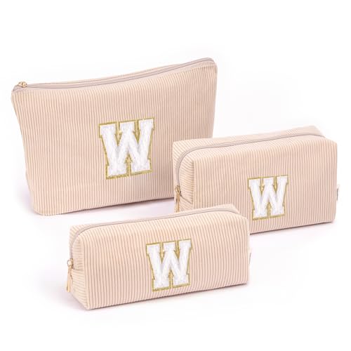 Image of Vavabox Corduroy Makeup Bag Set for Women, A-Z Personalized Cosmetic Bag for Travel Toiletry Organizer, Gifts for Women Mom Girls (W, 05-Khaki)