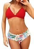 SHEKINI Women's Scalloped Bathing Suit Triangle Bikini Halter Sexy Floral Two Piece Swimsuitst(Red, Medium)