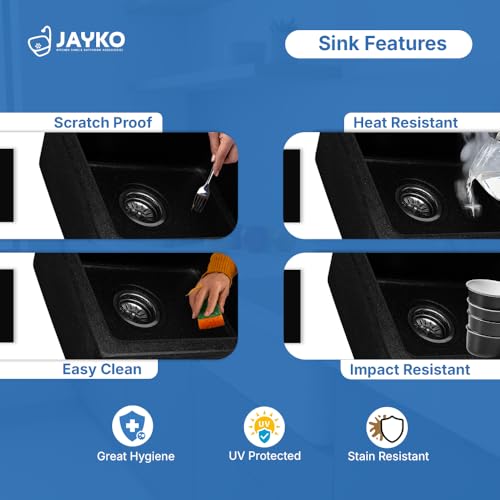Image of JAYKO Quartz Acrylic Kitchen Sink for Modular Kitchen | Granite Finish, Scratch & Heat Resistant | Easy to Clean & Stylish Sink for Home (SI, 32x20in)