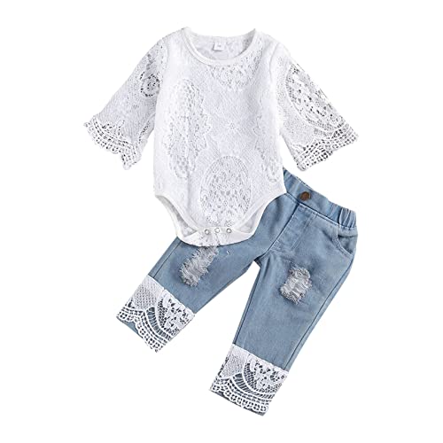 Macaquinho de renda de manga comprida para meninas cor sólida renda manga média calça jeans (branco,