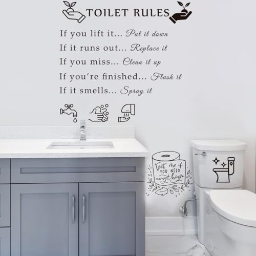Toilet Rules Wall Quotes Stickers Peel and Stick DIY Removable Wall Decal Wall Decor Vinyl Rules Sign Wall Art Decals for Toilet Bathroom Laundry Room Shower Room Decoration
