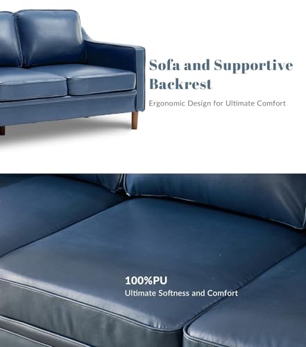 Image of Kingfun Living Room Furniture Sets, 3 Seater Couch and Armchair, Mid Century Modern Sofa Set, Faux Leather Couch with Solid Wood Frame for Living Room & Bedroom, Blue