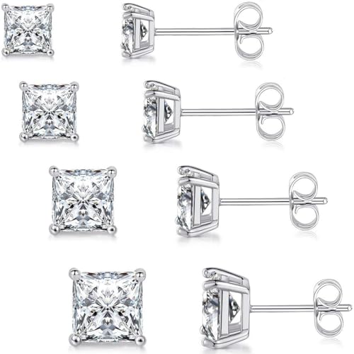 BLPRKOT 4 pares de Pendientes de Tuerca de Circón Pendientes de Tuerca Hipoalergénicos Cuadrados de Acero Inoxidable de Pendientes de Cartílago con Parte Posterior Plana para Hombres y Mujeres (4 7 mm