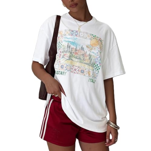 Women Oversized Summer Tops Y2k Cute Loose Fit Short Sleeve Fruit Graphic T Shirts Vintage Beach Baggy Tees