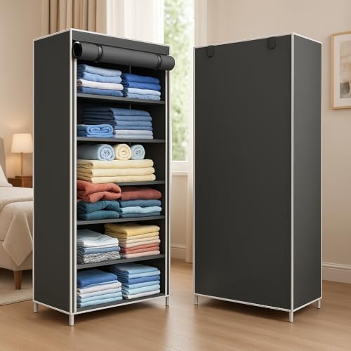 Image of BONTEC Collapsible Wardrobe 6 Shelves Storage Clothes Storage Rack Quick Wardrobe /Cabinet /Multipurpose, Foldable, Collapsible Fabric Organizer for Home Office (Grey, 6 Tier Rack)