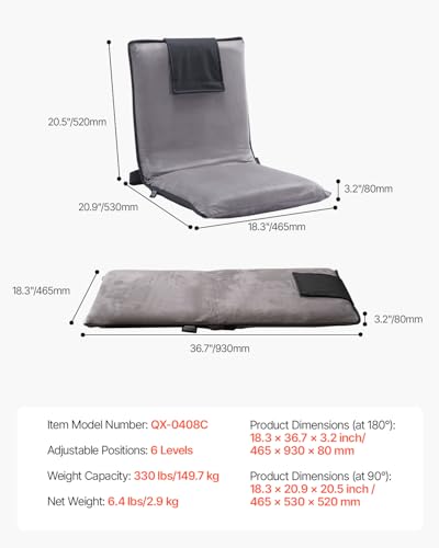 Image of VEVOR Floor Chair, 6-Position Adjustable Meditation Chair with Back Support, Folding Sofa Chair for Reading TV Watching and Gaming, Portable Floor Seat Lounge Sofa Chair for Kids Teens Adults, Gray