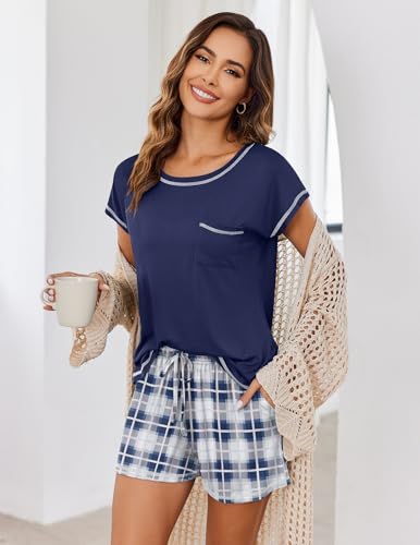 Image of Ekouaer Womens Pajama Sets 2 Piece Soft Short Sleeve Top and Shorts Sleepwear Round Neck Pjs Lounge Set with Pockets