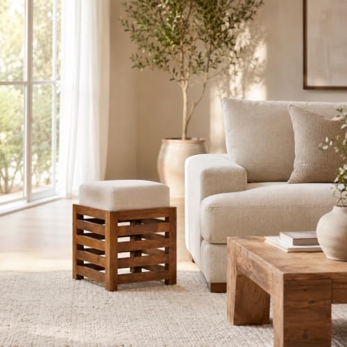 Image of Multipurpose Wooden Puffy with Footrest, Dressing Table, and Solid Wood Stool with Cushion for Living Room, Bedroom, Balcony, etc.