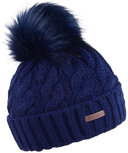 Image of SABBOT Linda Cable Knit Faux Fur Bobble Hat (Vegan Friendly) (Navy)