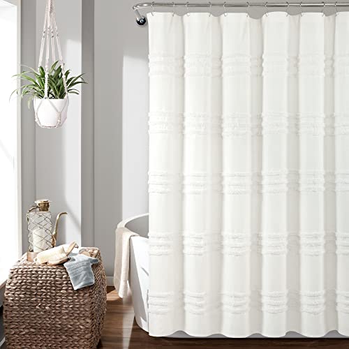 Lush Decor Boho Kendra Tufted Yarn Dyed Cotton Blend Shower Curtain Single 72' W x 72' L White - White Shower Curtains for Bathroom - Bathroom Curtain