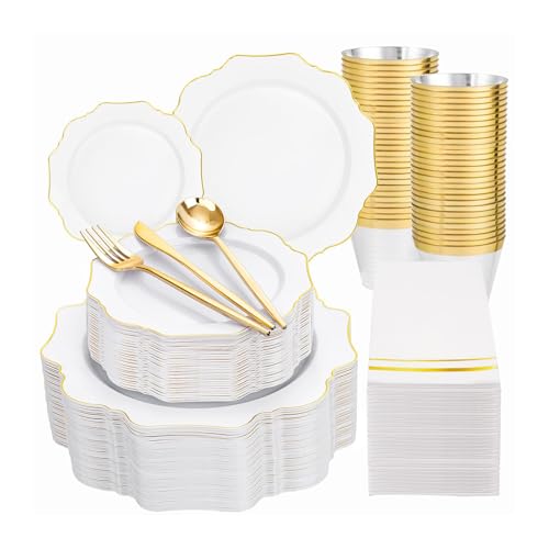 WDF 350PCS White and Gold Plastic Plates - Gold Plates Disposable 50Guest Plastic Dinnerware Ideal for Party/Wedding/Birthday/Valentine's Day