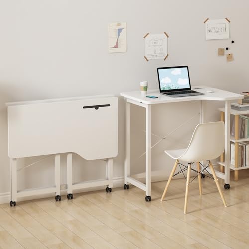 Rcynview Mesa Escritorio Plegable con Ruedas, Mesa Ordenador Portatil, Mesa de Estudio para Casa Oficina, Mesas Plegables Cocina, Escritorio para computadora Manualidades, Blanca, 90x56x75cm