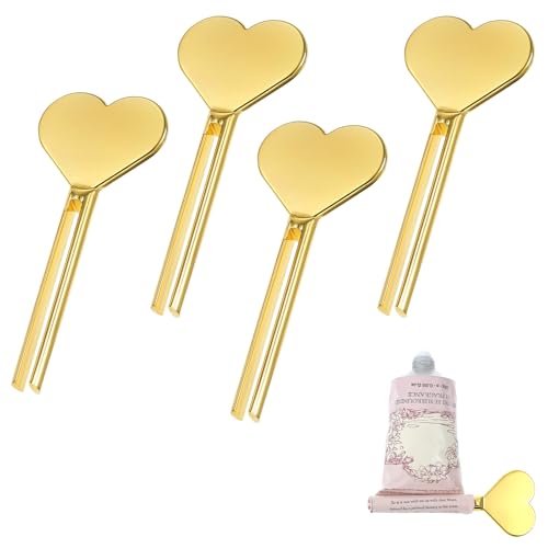 Classicseali 4PCS Metal Tube Key Heart Shaped Tube Squeezer Key Toothpaste Key for Bathroom Cosmetics Daily Life Toothpaste Tubes Squeezing Auxiliary Tool for Paint Cosmetics and Hair Dye Gold