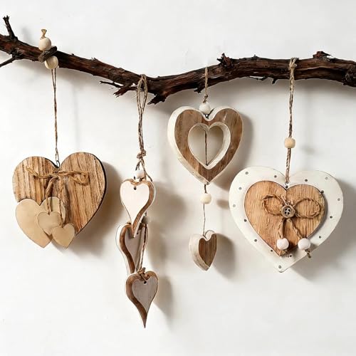 txuzong 4 Stück Hängende Holz-Herzen Fensterdekor, Holz-Dekoanhänger in Herzform für Fenster, Raum, Hochzeit und Tischdeko – Natürlicher Wandbehang, Rustikale Wohnaccessoires