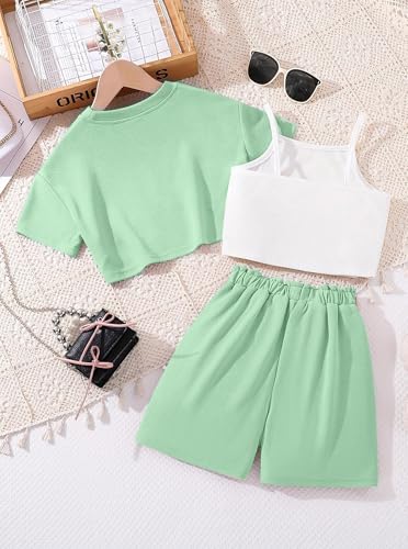Image of Hilinker Girls 3 Piece Summer Outfits Graphic Crop Tee and Cami Top with Shorts Set