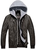 Wantdo Men's Hooded Faux Leather Jacket Moto Hoodie Jacket Outwear Warm Coffee L
