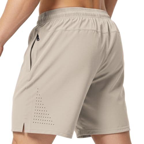 7 Inch Men Swim Trunks Gym Shorts with Mesh Liner Zipper Pocket Quick Dry Breathable for Workout Runing Beach Pool Medium Solid Kahki