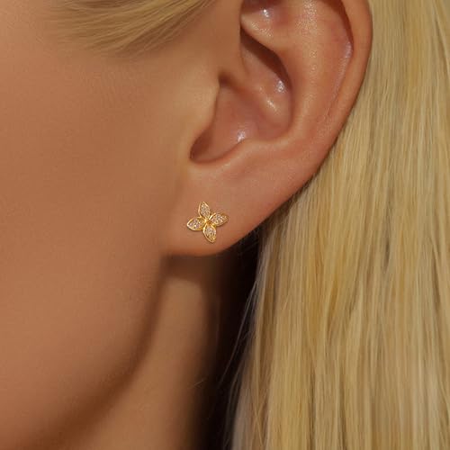 925 Sterling Silver Dainty CZ Lucky Leaf Stud Earrings for Women Flower Shaped 14K Gold Plated Earring Minimalist Stackable Fashion to Daughter Mom Wedding Birthday Halloween Season Jewelry for Her3