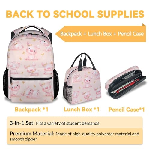 Mercuryelf Pig for Girls Boys Backpack with Lunch Box Set, 3 in 1 School Backpacks Matching Combo, Cute Pink Bookbag and Pencil Case Bundle3