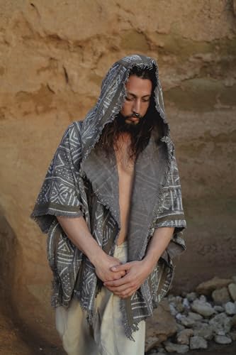 AJJAYA WIZARD Mens Hooded Kimono Vest Grey Tribal Pattern Alchemist Sorcerer Ritual Ceremony Festival Magic Primitive Boho4