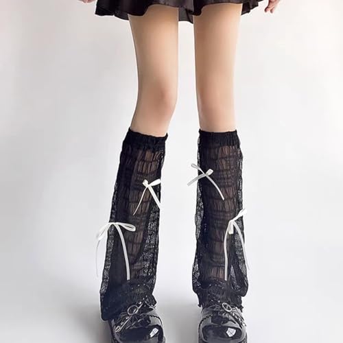 Image of SOLILOQUY Women Y2K Ruffle Lace Leg Warmer Kawaii Lolita Long Thigh High Socks Harajuku JK Tiered Sheer Tulle Boot Cuff Cover