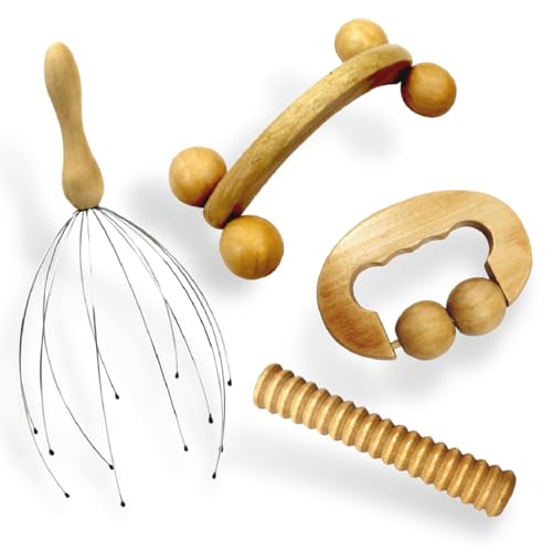 Vivezen - Kit de massage 4 pièces, rouleau en bois pour le dos, la tête, les pieds et multi-usage