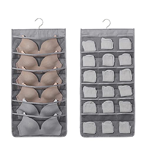 OKUZIEKY Hanging Closet Organizer and Storage,Space Saving Storage Pocket Bag Dual-Sided for Bra,Underwear, Jewelry,Stockings,Panties,Socks (Gray(6+18) pockets)