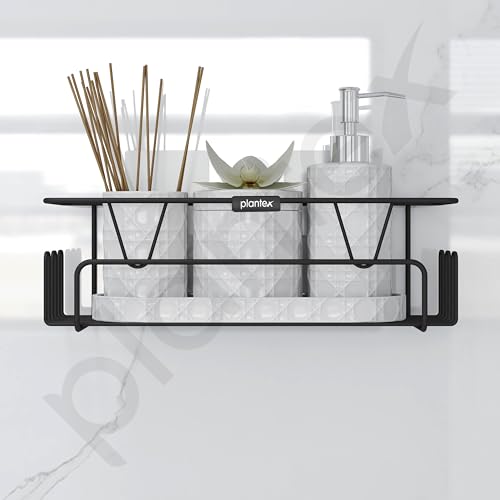 Image of Plantex GI Steel Adhesive Shelf for Bathroom Wall /Self Adhesive Shelf for Kitchen with Side Hooks to Hang Loofah for Bathing /Bathroom Organiser - Black, Powder Coated