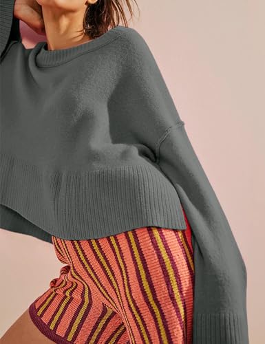 Image of Womens Lightweight Sweaters Crewneck Bell-Style Sleeve Batwing Knit Tops Slouchy Soft Pullover Jumpers(Darkgrey-M)